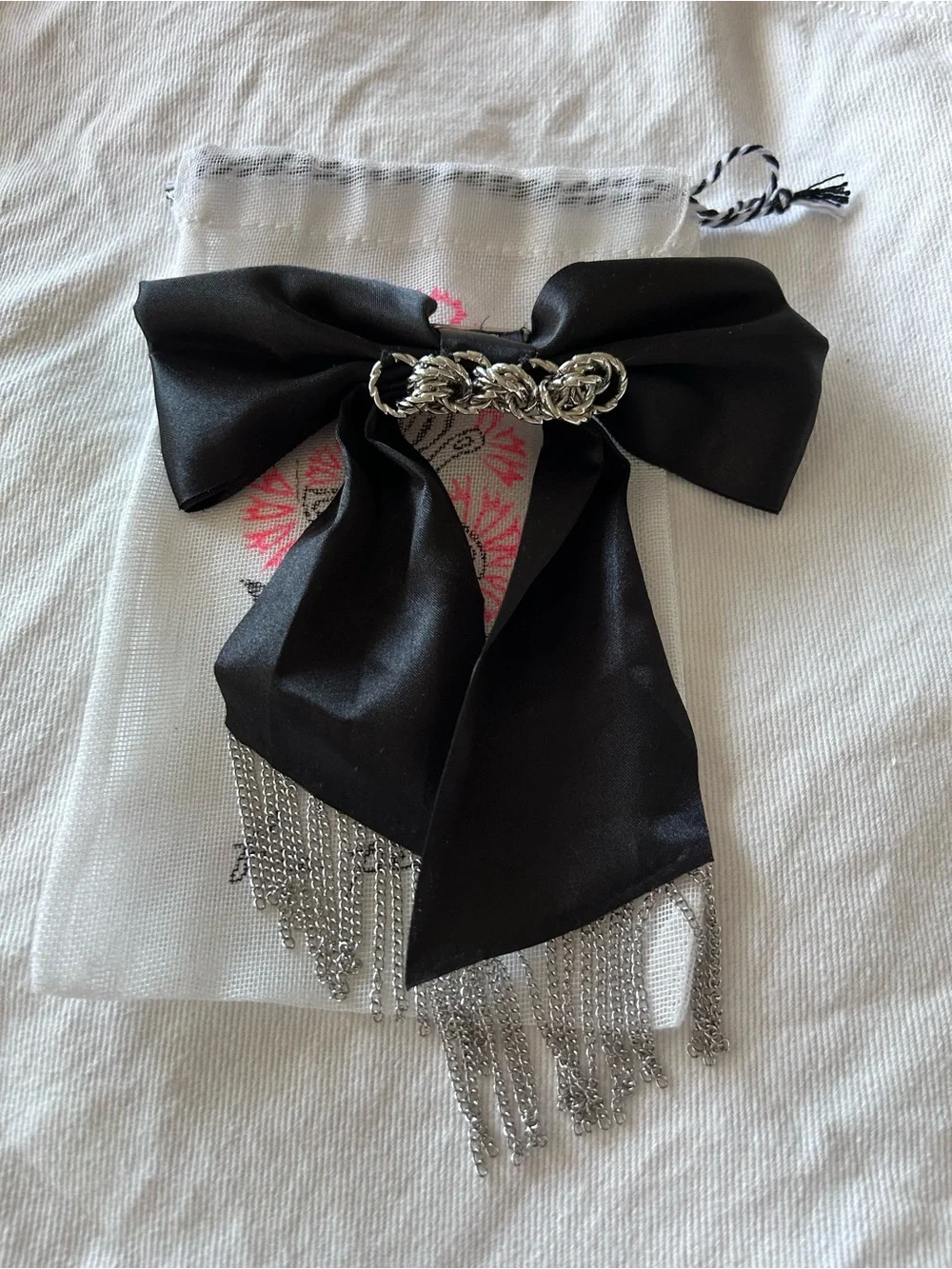 Black Satin Bow Hair Clip with Chain and fringe.